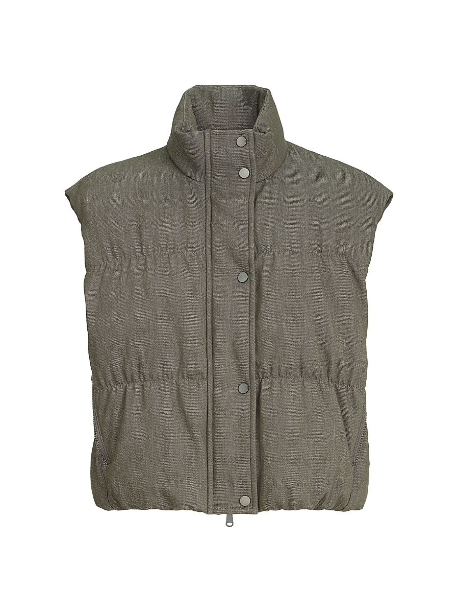 Women's Cotton Denim Effect Twill Down Vest with Monili - Olive - Size 10