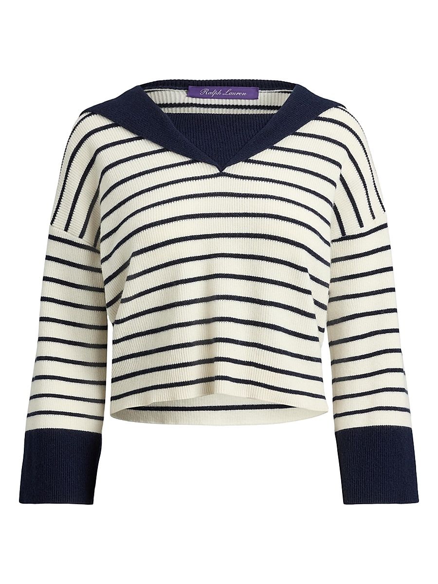 Women's Sailor Collar Striped Cashmere Sweater - Cream Icon Navy - Size XS