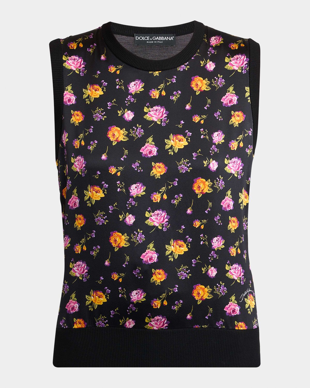 Small Rose Bouquets-Print Silk Tank Top