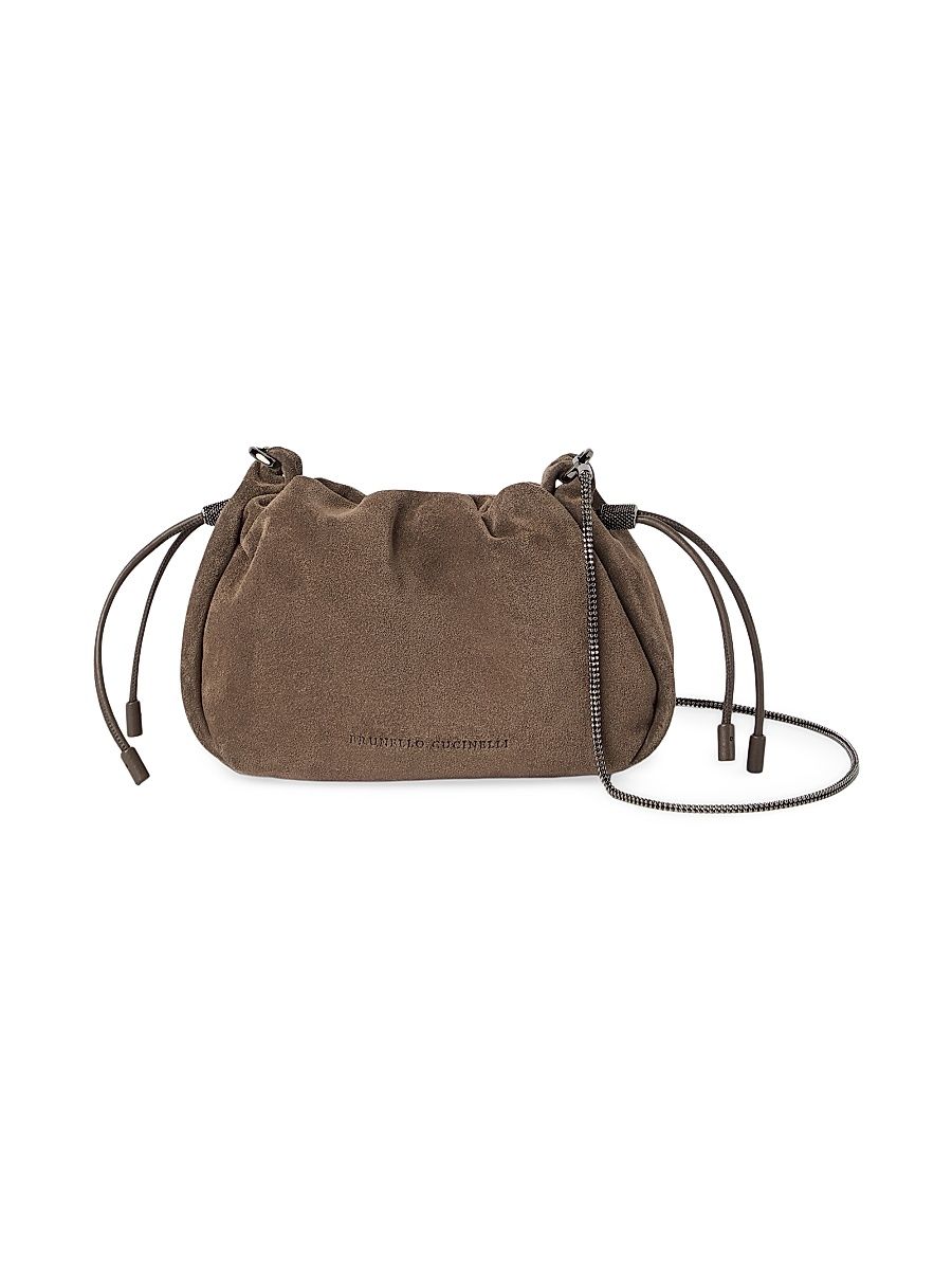 Women's Mellow Mini Bucket Bag in Suede with Precious Chain - Light Brown