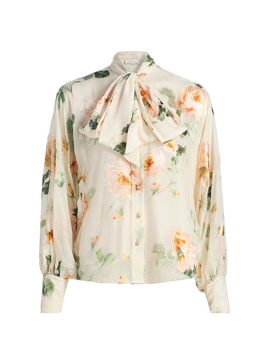 Women's Carousel Burnout Floral Tieneck Blouse - Cream Rose - Size 10