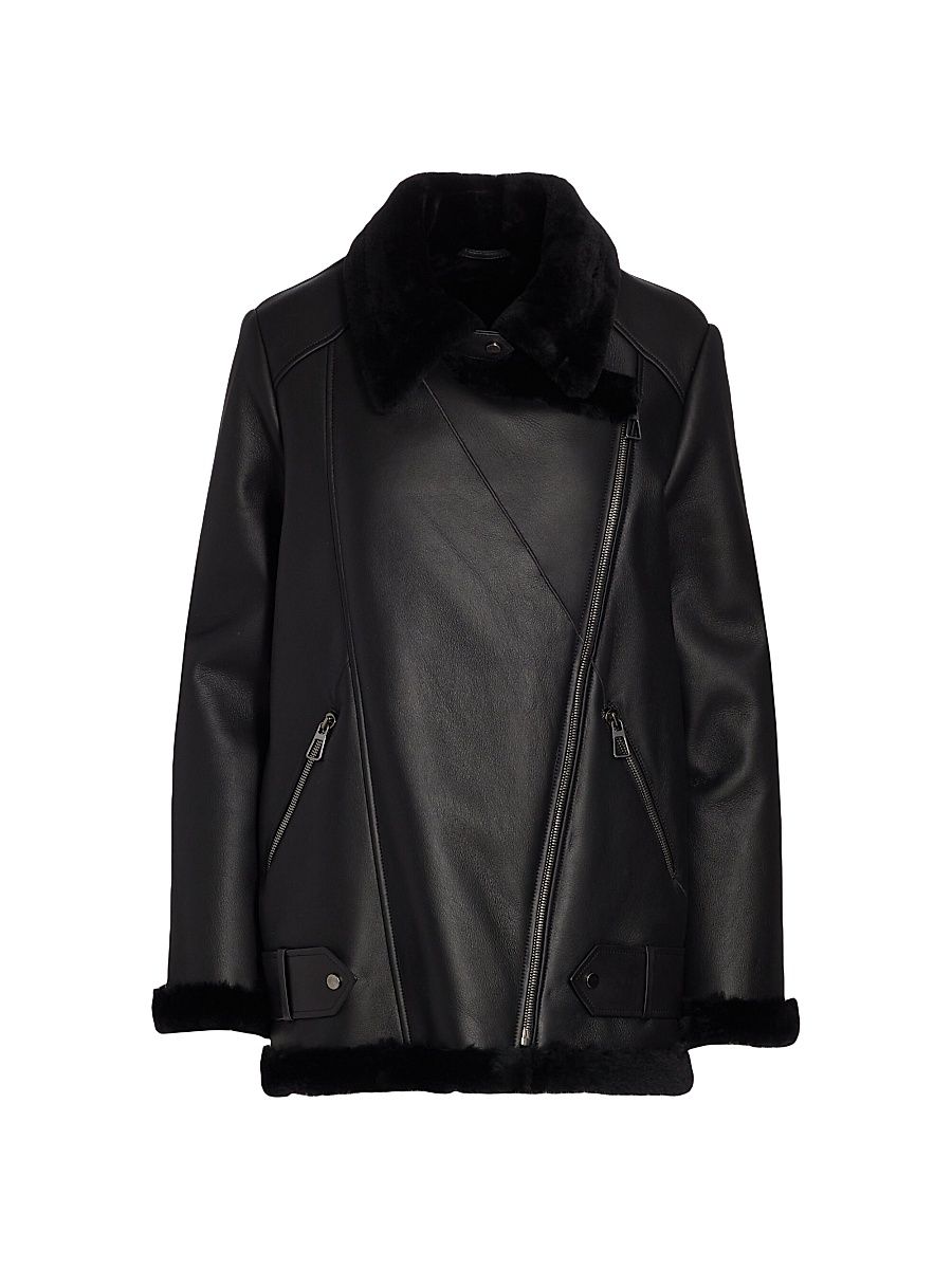 Women's Shearling Lamb & Nappa Leather Moto Jacket - Black - Size XL