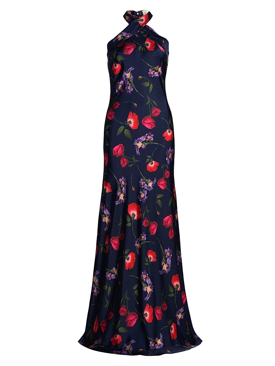 Women's Laurant Floral Satin-Crepe Halterneck Gown - Midnight Jardin - Size 4