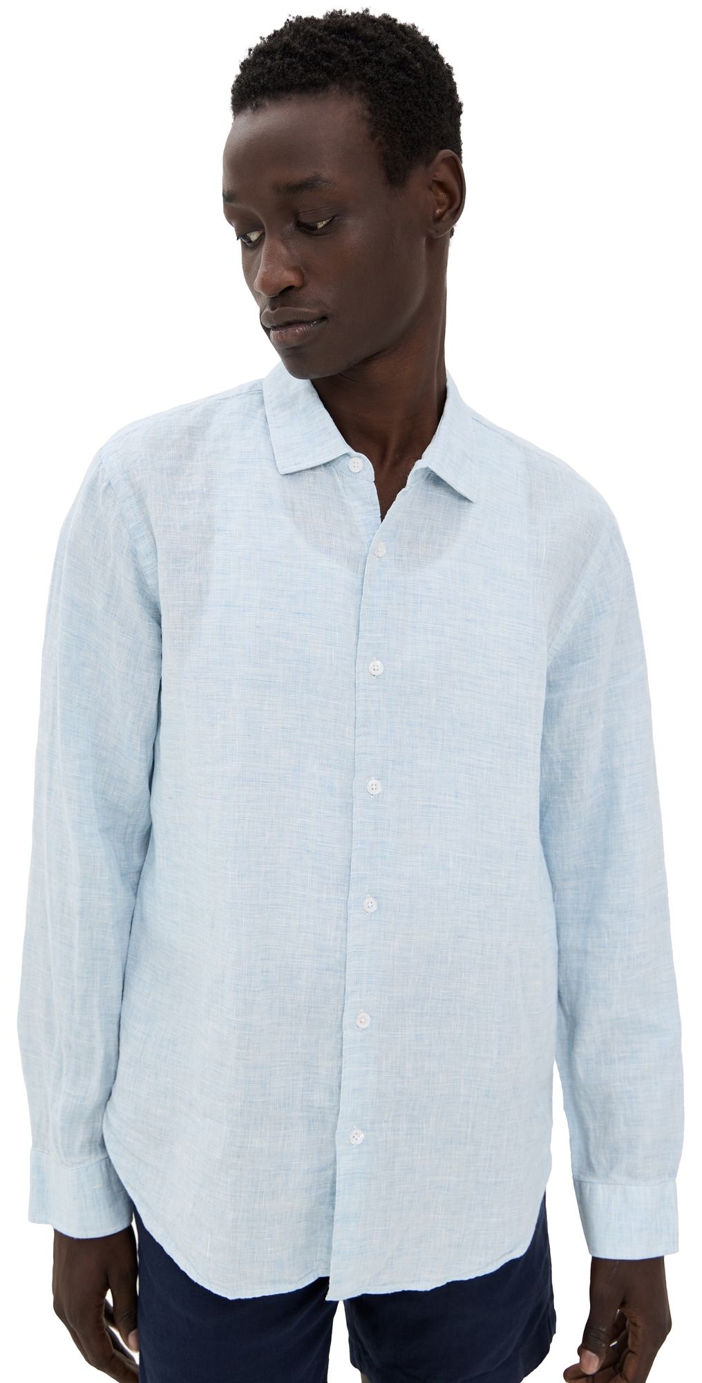 Orlebar Brown Giles Linen Button Down Shirt Pale Blue/White XXL