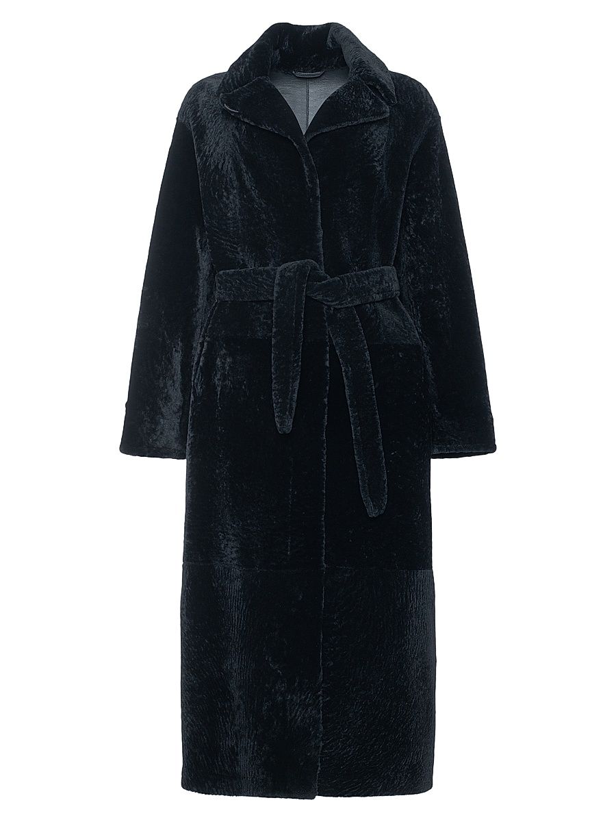Women's Reversible Textured Shearling Lamb Coat with Side Slits, Belt - Black - Size Large