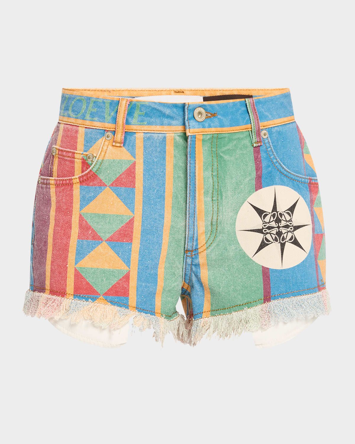 Geo Print Denim Frayed Peekaboo Shorts