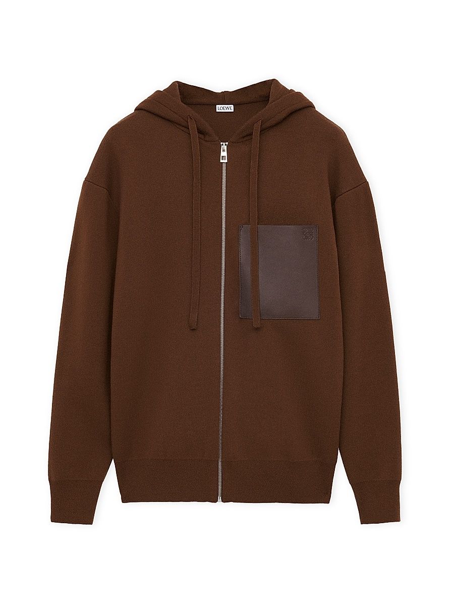 Men's Leather Patch Pocket & Wool Zip-Front Hoodie - Brown - Size XXL