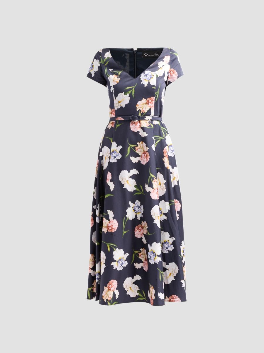 Oscar de la Renta Women's Painted Iris Poplin Day Dress - Navy Multi - Size 16
