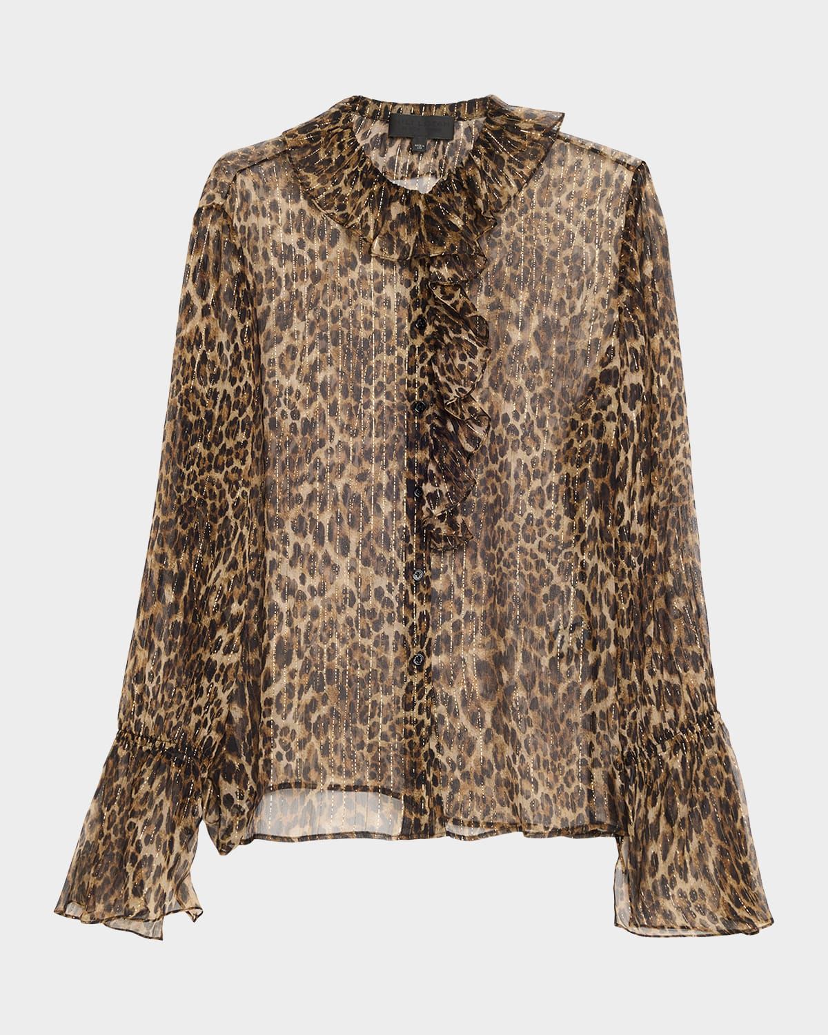 Cecily Metallic Leopard-Print Silk Ruffle Shirt