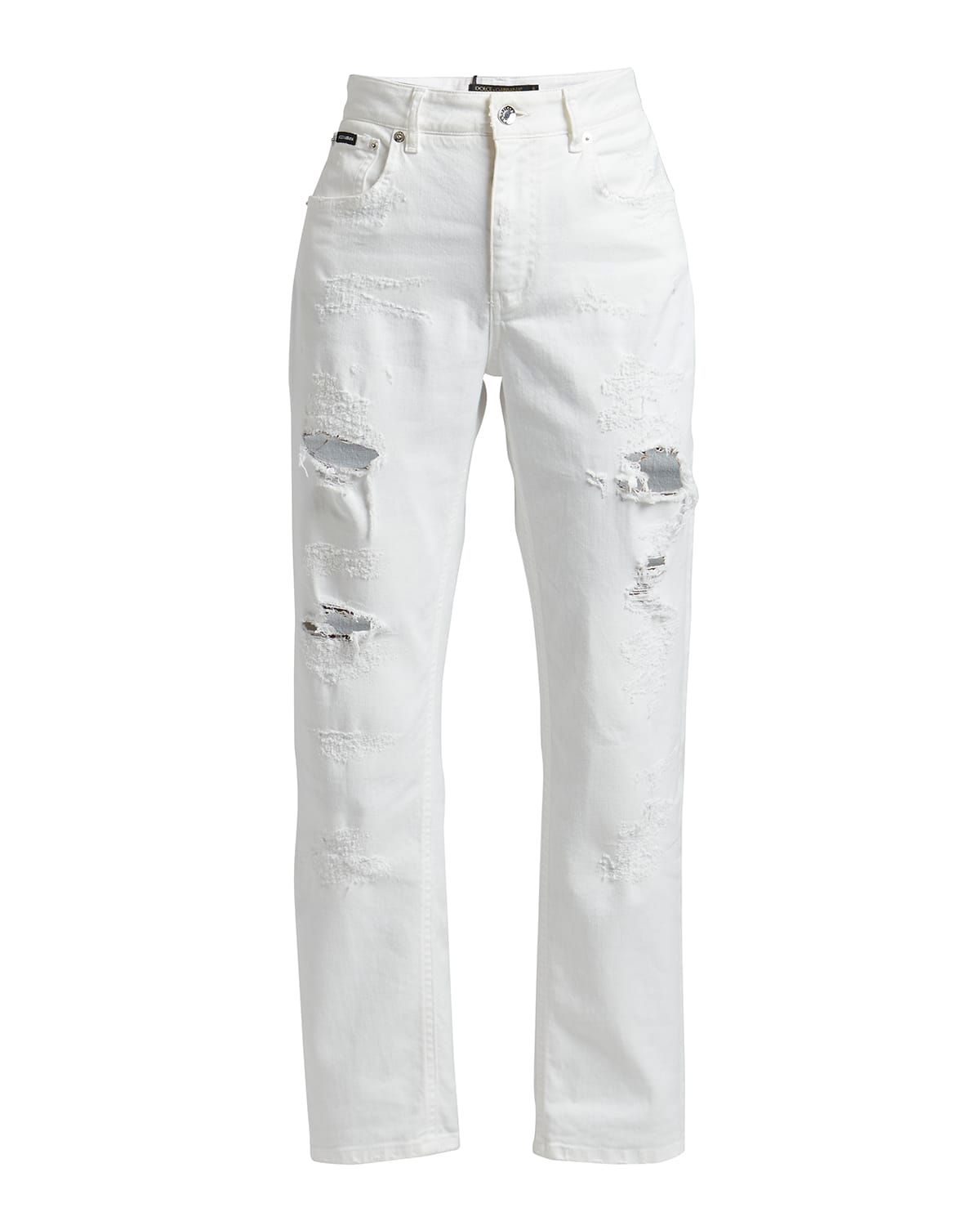 Distressed Denim Straight-Leg Pants