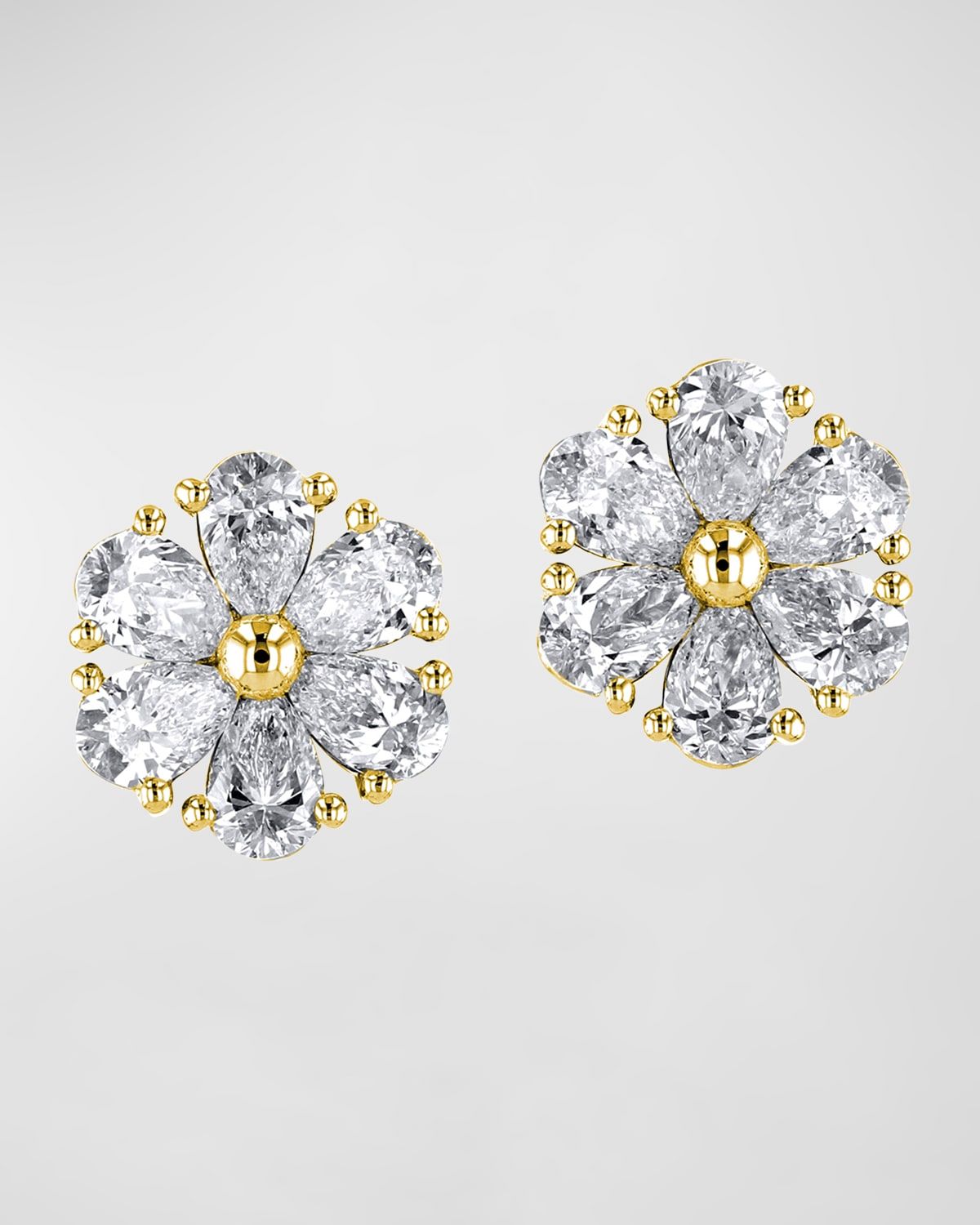 18K Gold Pear-Shaped Diamond Flower Stud Earrings, 2.4tcw, 0.45"L / 0.45"W