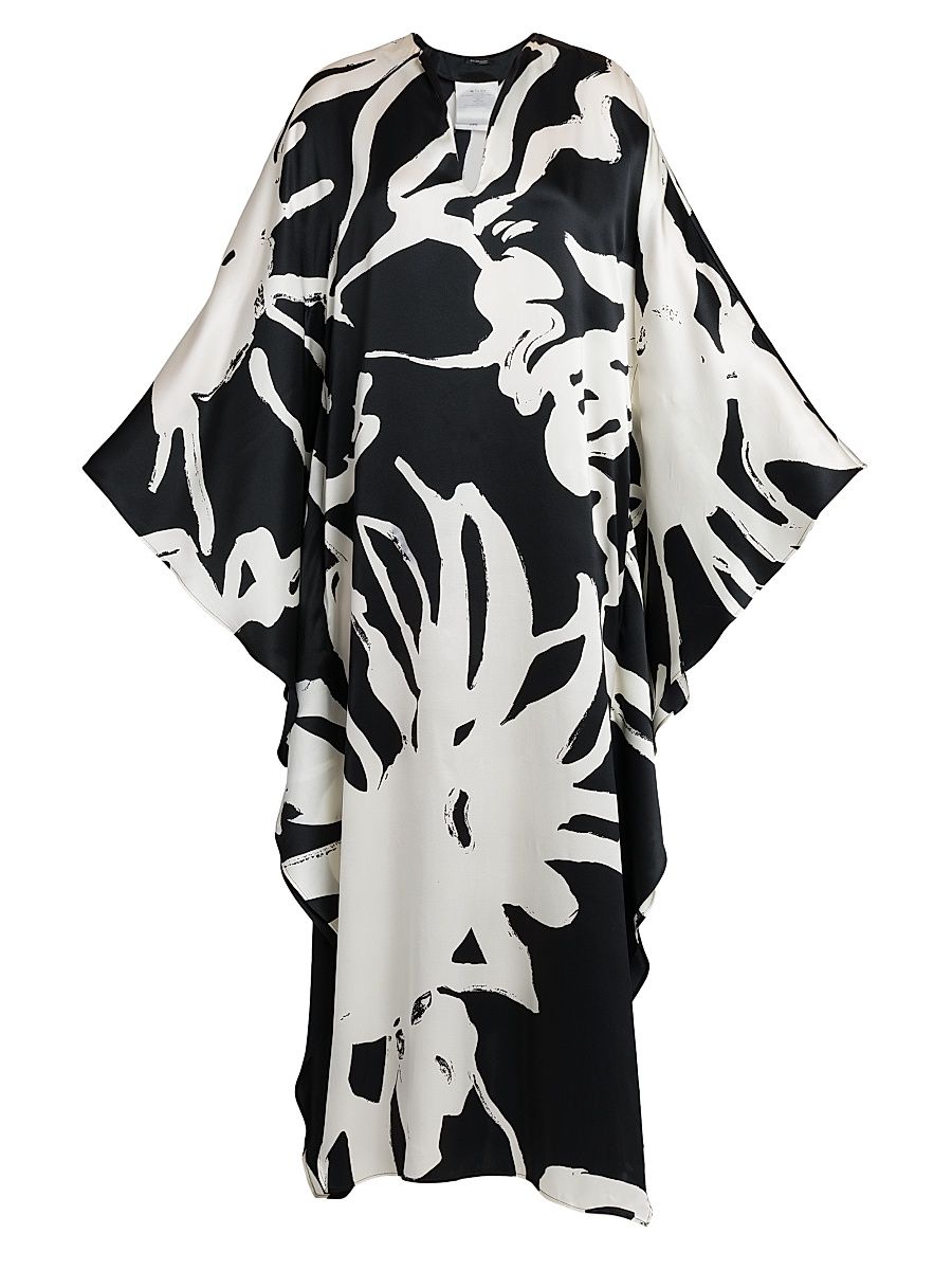 Women's Printed Floor-Length Silk Caftan - White Black - Size 10