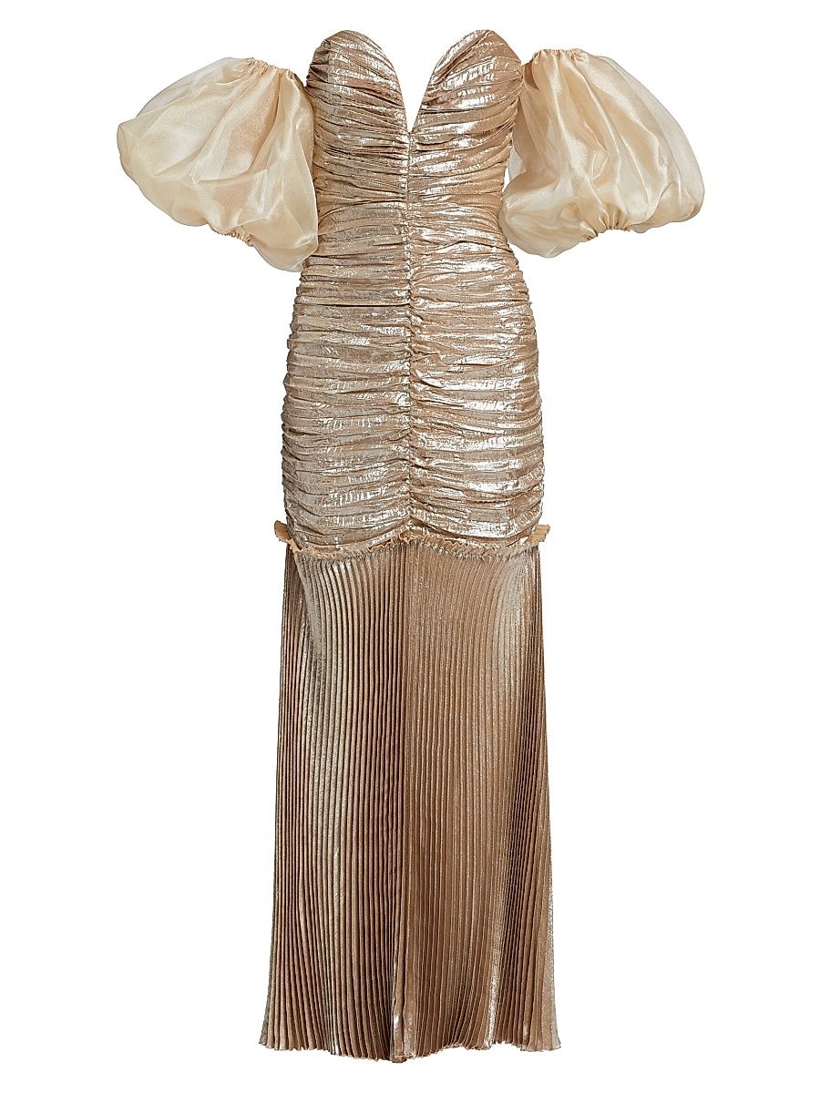 Women's La Fete Parlour Metallic Ruched Balloon-Sleeve Gown - Desert Shimmer - Size 8