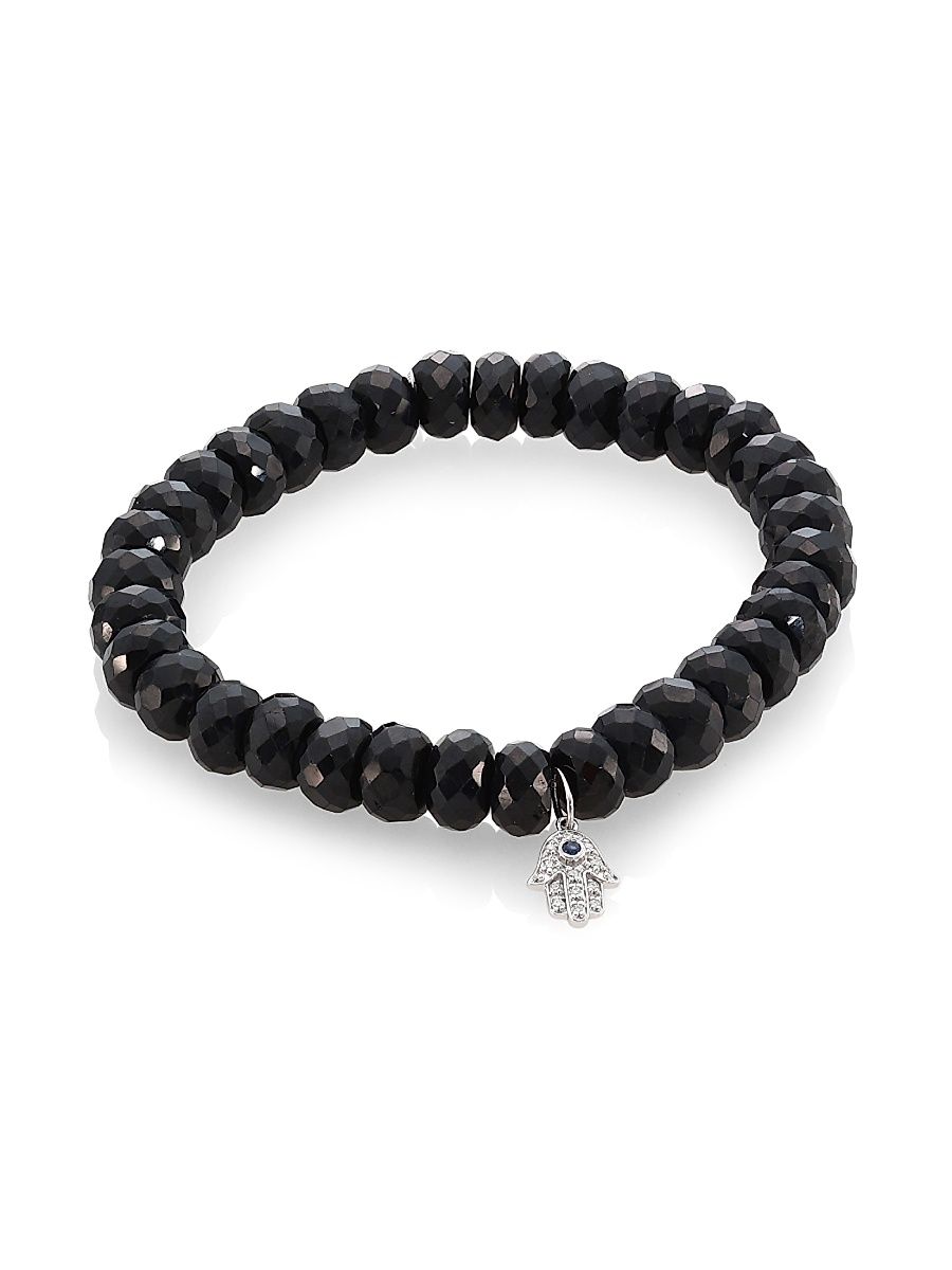Women's Black Spinel, Diamond, Sapphire & 14K White Gold Rondelle Hamsa Bracelet - Black