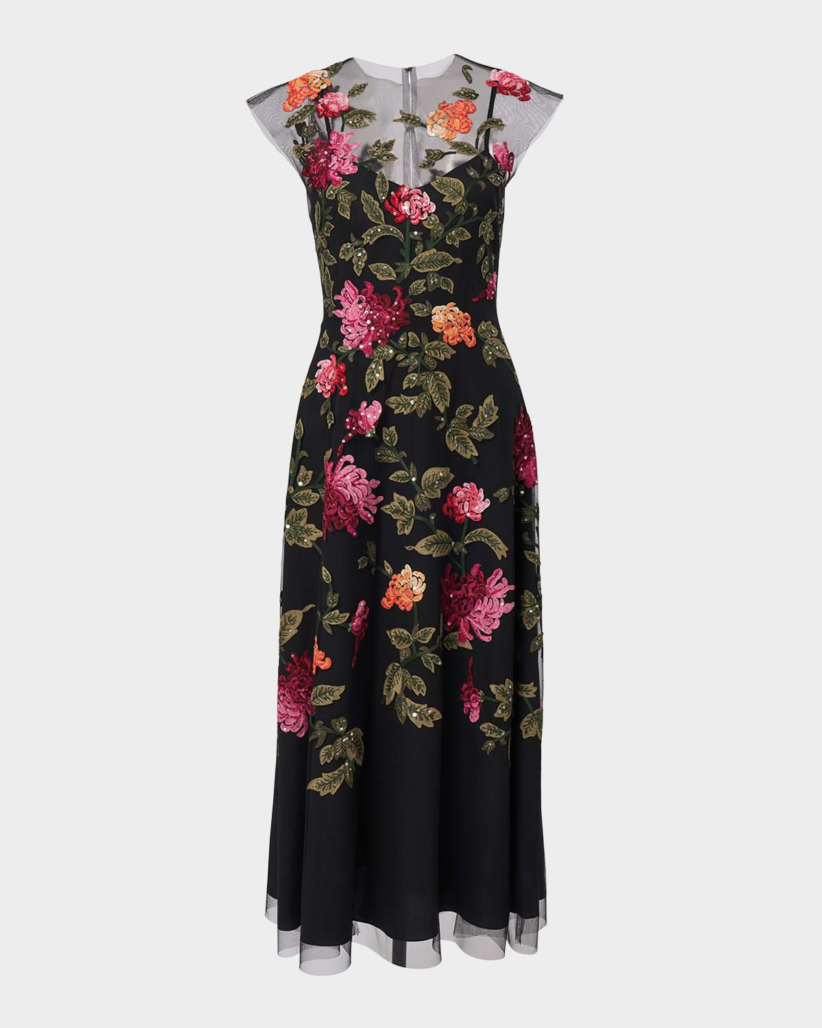 Floral-Embroidered Tulle Midi Dress