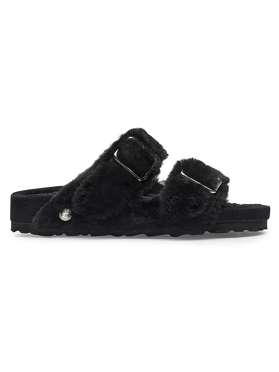 Women's Arizona Shearling Dual-Buckle Slide Sandals - Black - Size 7