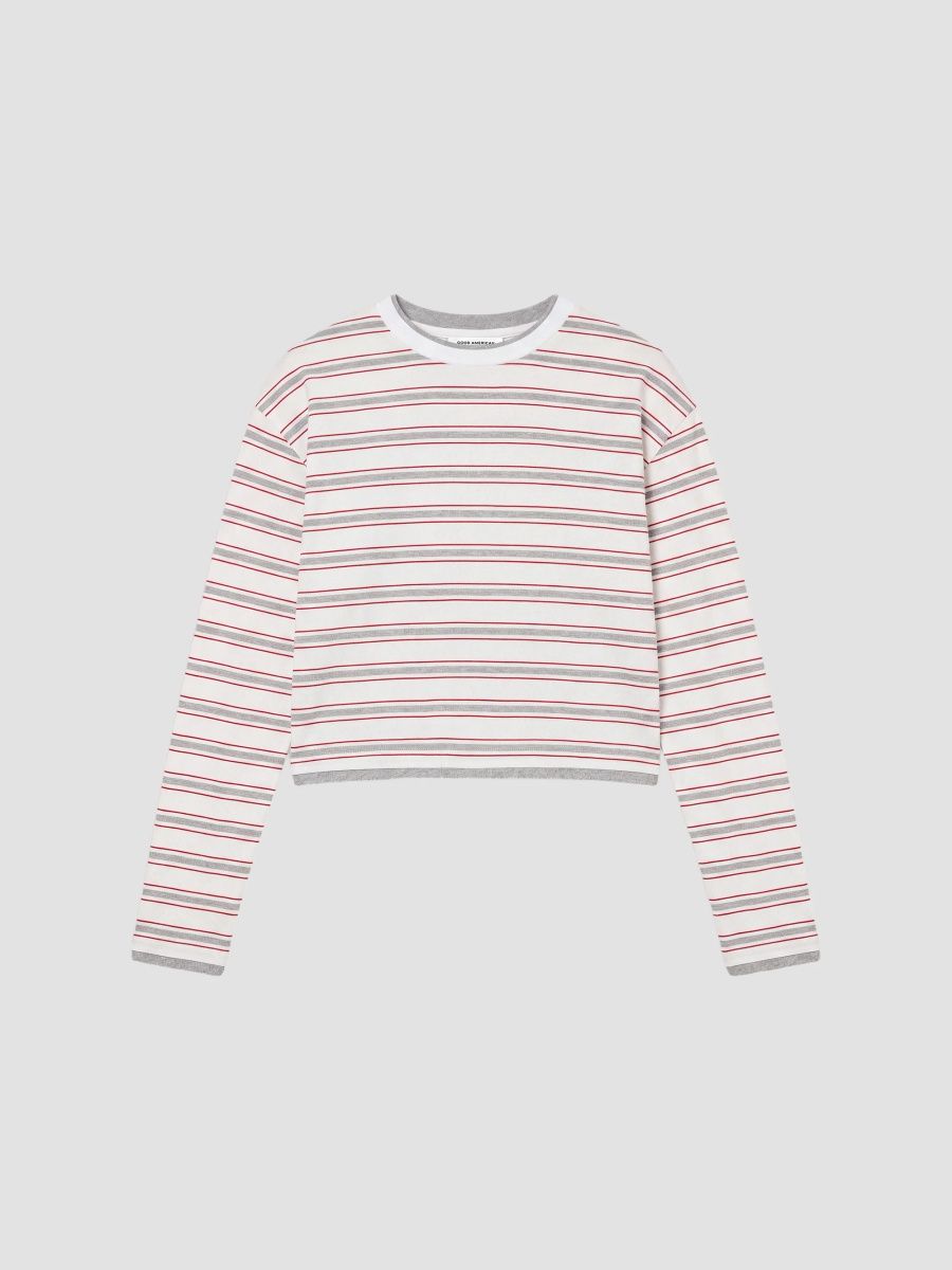 Good American Women's Striped Cotton Long-Sleeve Crop T-Shirt - Cerise Multi Stripe - Size XS