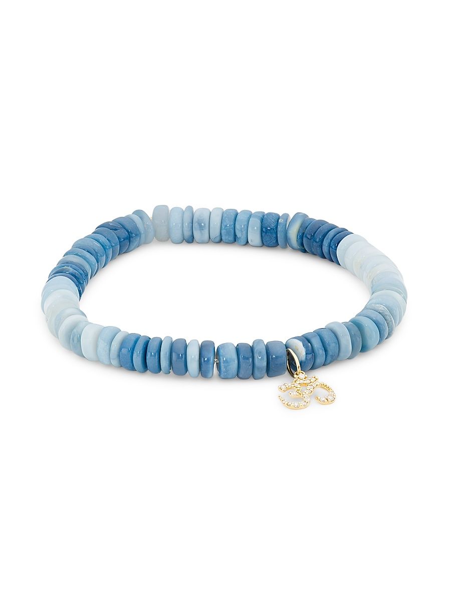 Women's 14K Yellow Gold, Opal Heishi Bead, & 0.081 TCW Diamond Stretch Bracelet - Sky Blue