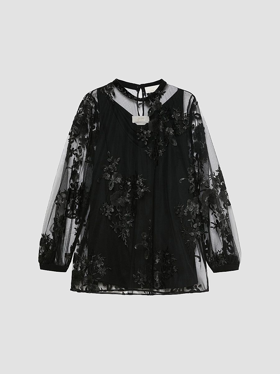 Women's Embroidered Tulle Blouse - Black - Size 22