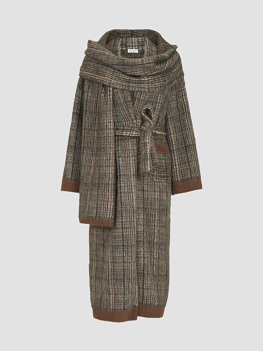 Women's Mohair and Wool Prince of Wales Double Knit Coat with Scarf - Brown - Size XS