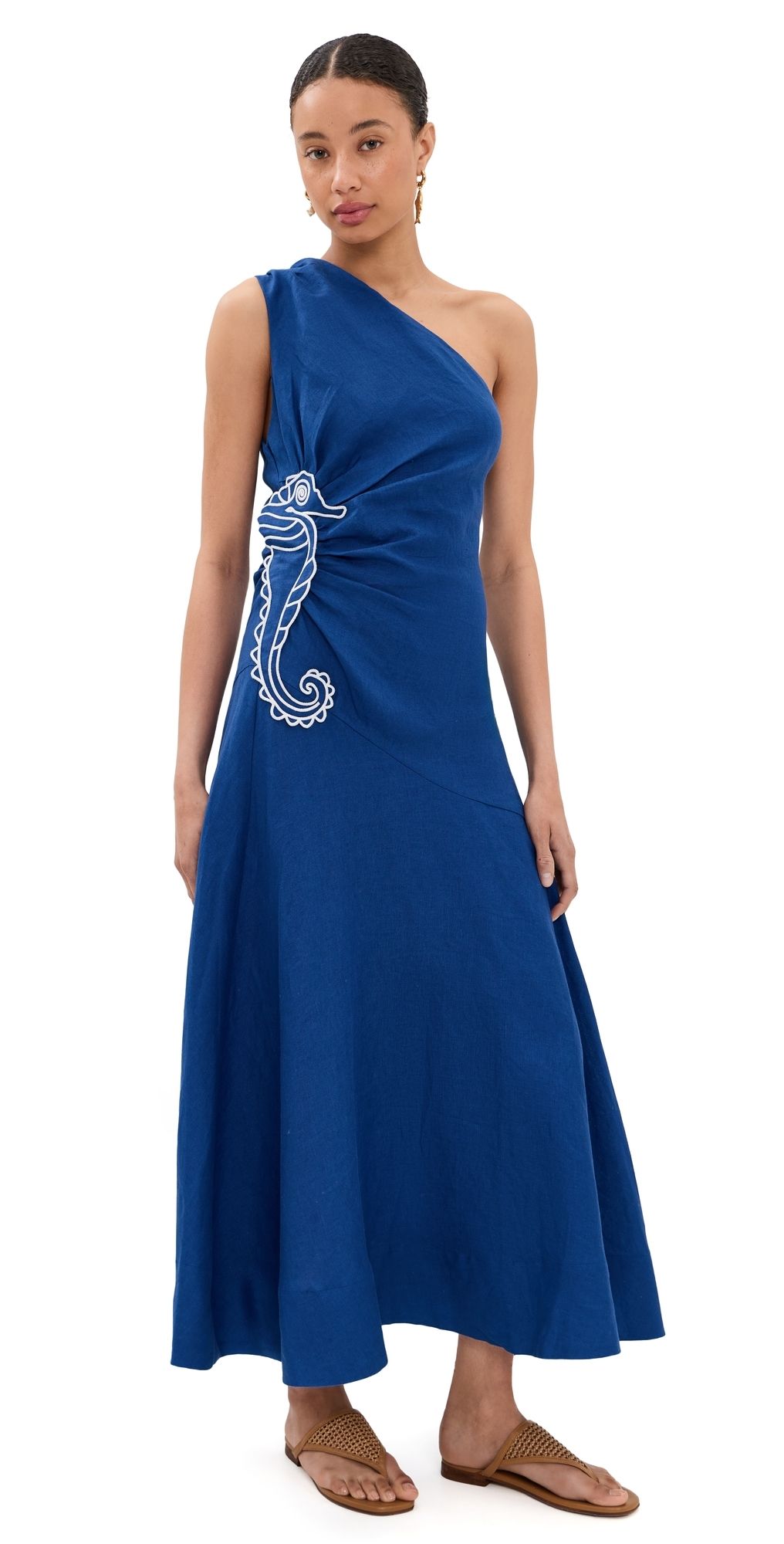 FARM Rio Seahorse Embroidery One Shoulder Maxi Dress Blue L