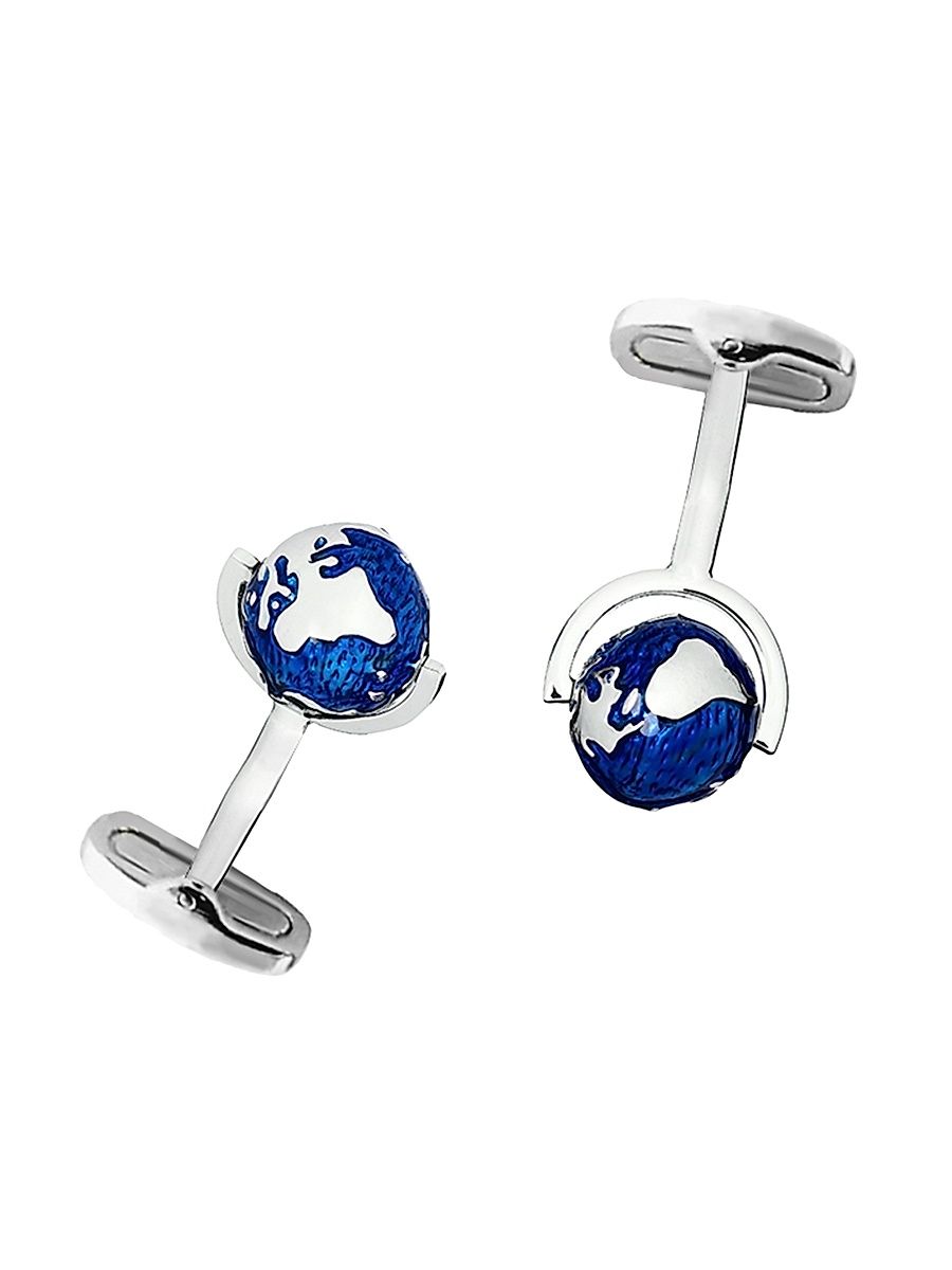 Men's Stainless Steel Globe Cufflinks - Blue Silver