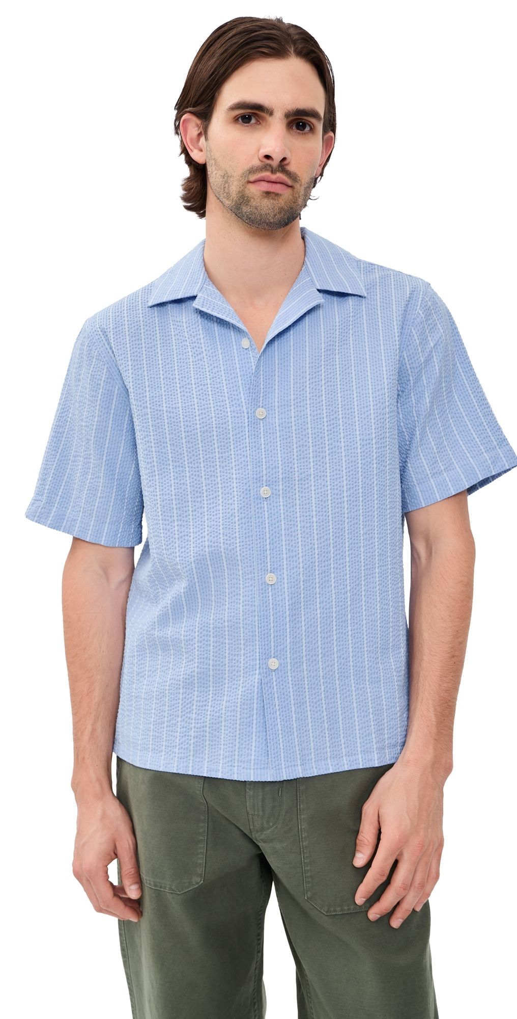 Wax London Seersucker Stripe Didcot Shirt Blue/Ecru L