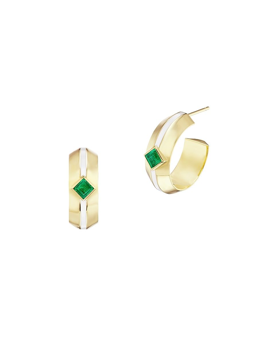 Women's Signature 18K Yellow Gold & Emerald Emma Hoops - Yellow Gold Emerald White Enamel