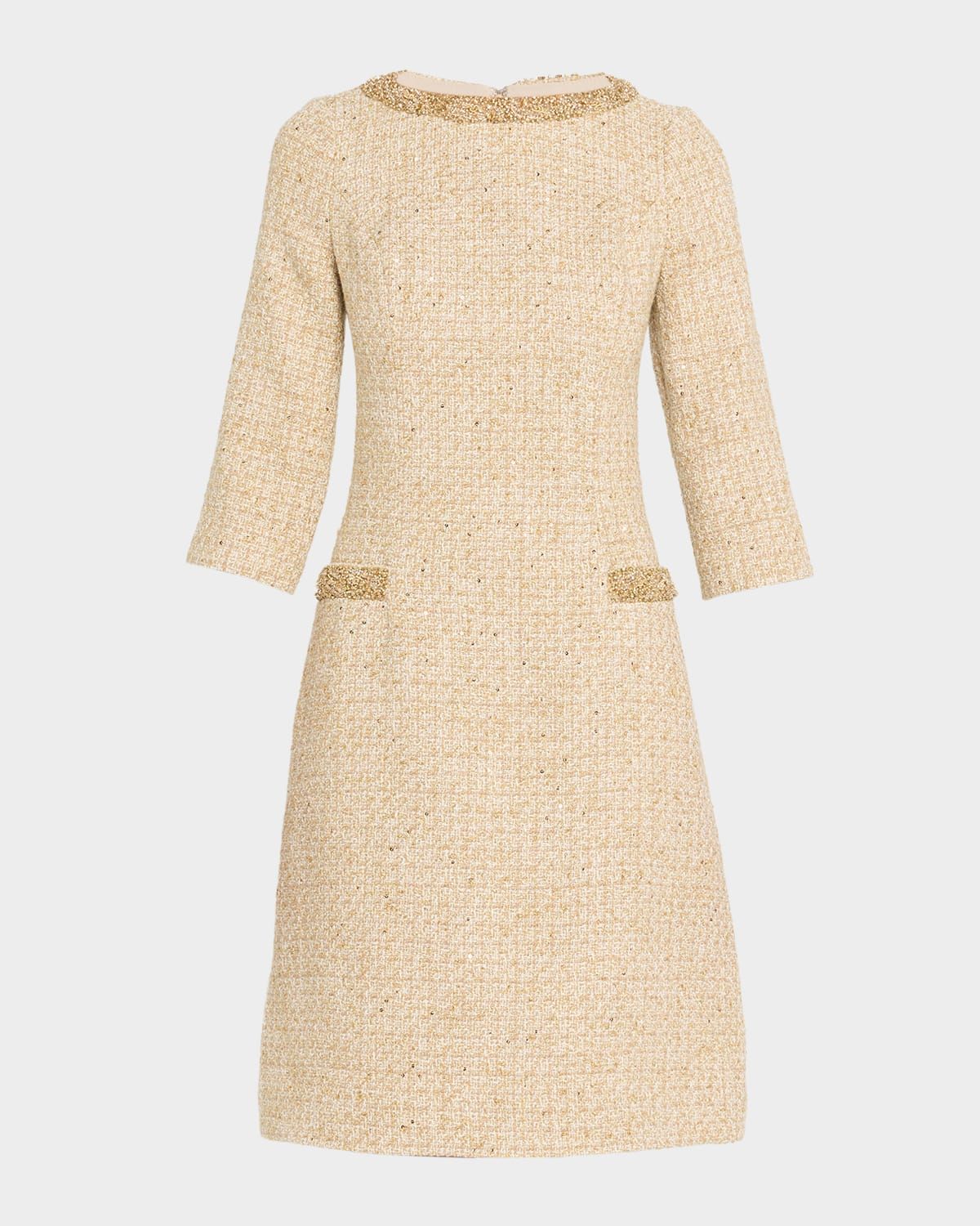 Metallic Boucle Jewel-Trim A-Line Dress