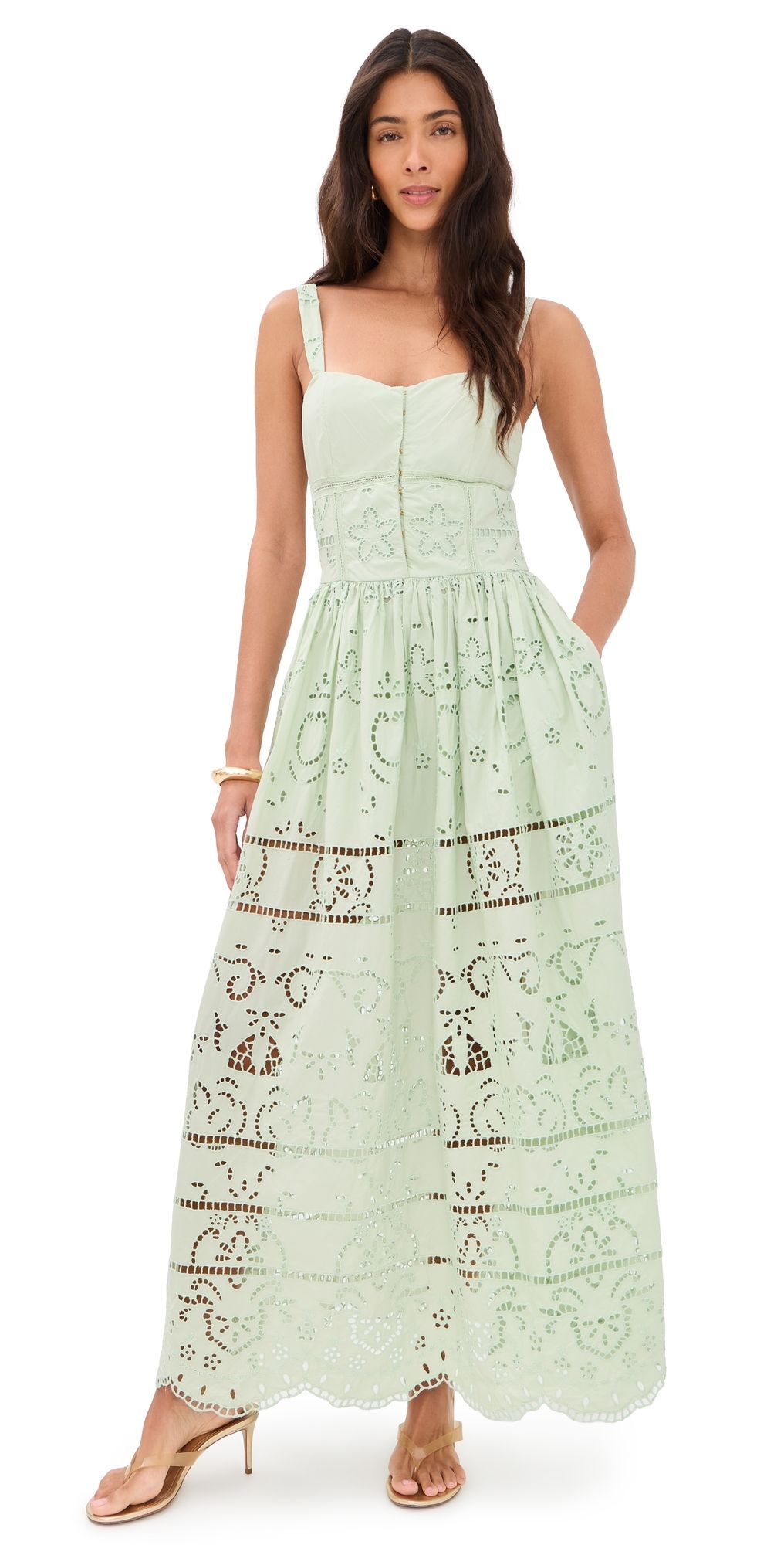 ALICE + OLIVIA Anya Embroidered Soft Sweetheart Midi Dress Light Sage 0