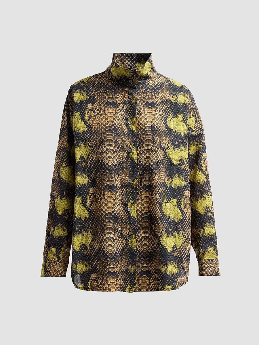 Women's Tall Collar Boyfriend Button-Up Overshirt - Brown Green Snake - Size XS