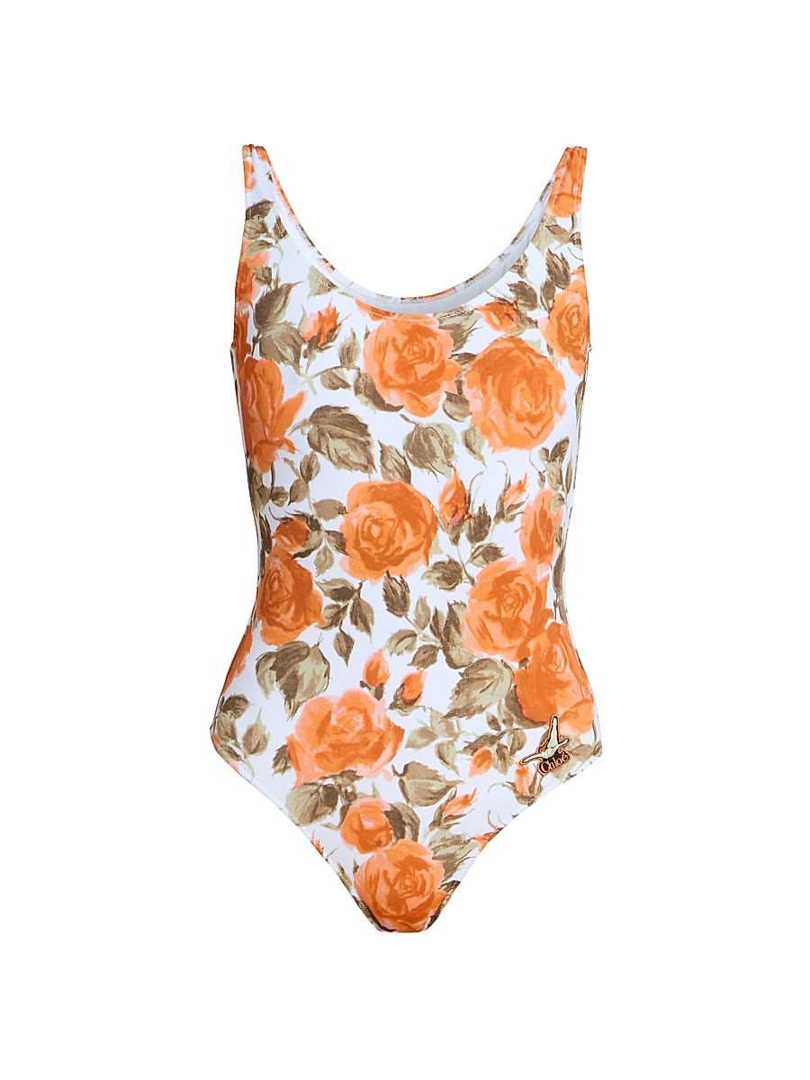 Women's Floral One-Piece Swimsuit - White Orange - Size 4