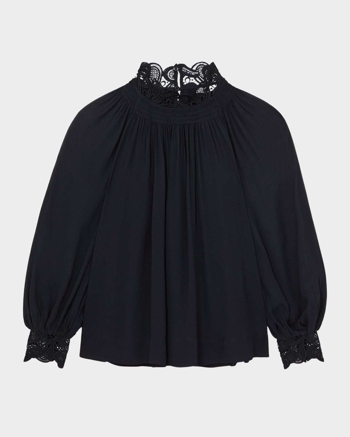 Czara Guipure Lace-Trim Chiffon Blouse