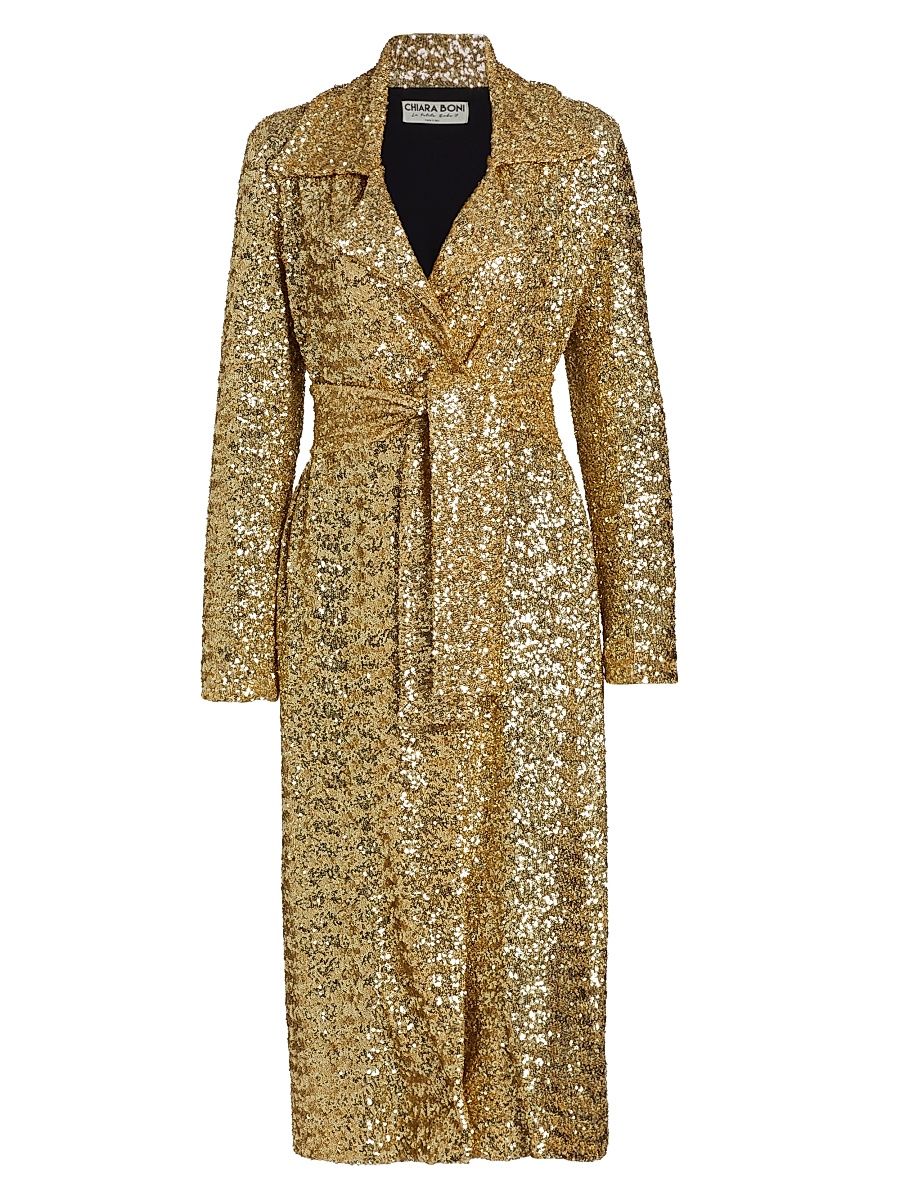 Women's Saveria Long Sequin Wrap Coat - Oro - Size Medium