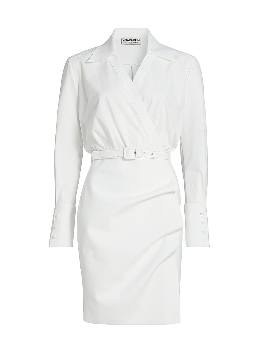 Women's Faro Ruched V-Neck Belted Shirtdress - White - Size 8