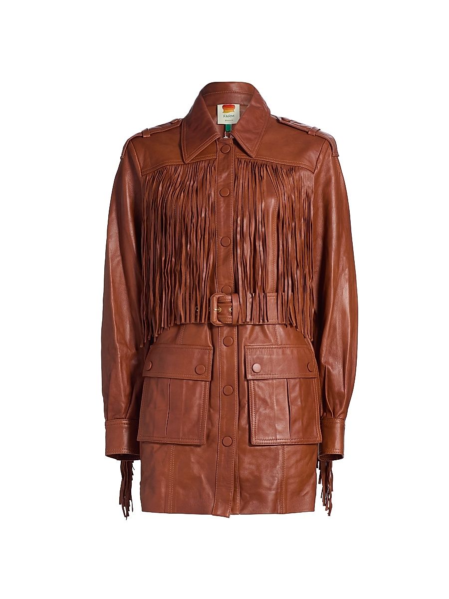 Women's Fringed Leather Belted Coat - Brown - Size Large
