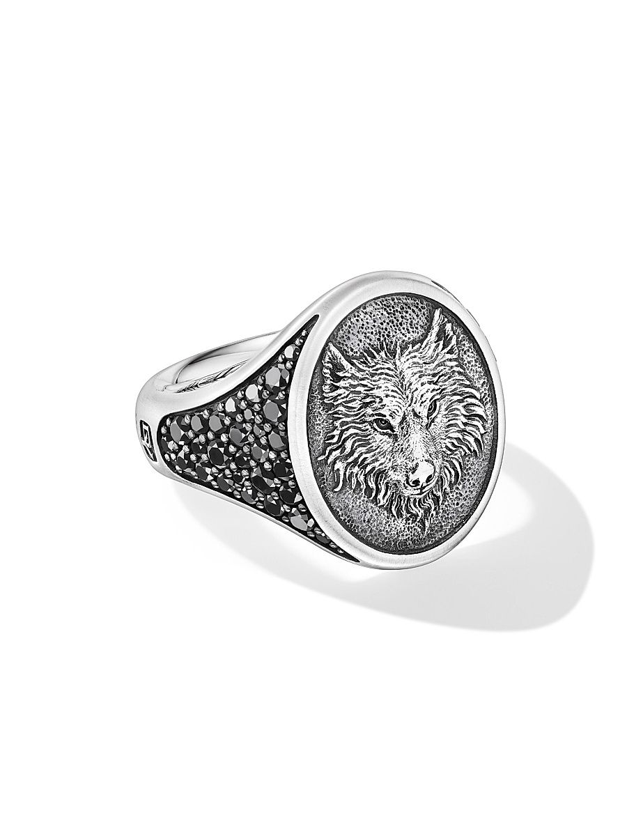Men's Petrvs Wolf Signet Ring in Sterling Silver - Black Diamond - Size 10