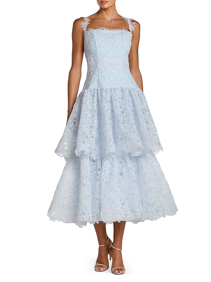 Women's Lace Tiered Fit & Flare Midi-Dress - Powder Blue - Size 14