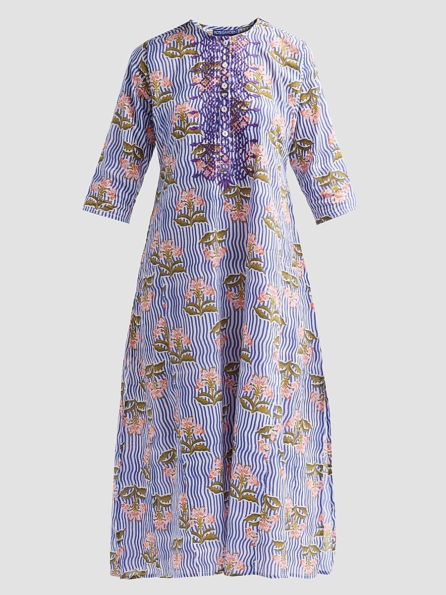 Women's Kurta Floral Striped Cotton Midi Dress - Blue Moana - Size XL