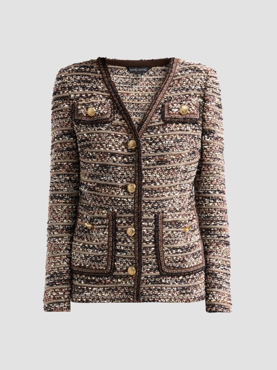 Ming Wang Women's Petite Eyelash-Tweed Knit Jacket - Warm Taupe - Size XL
