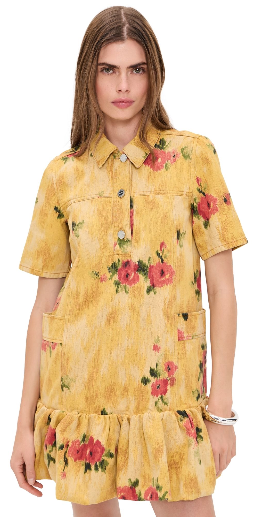 GANNI Print Peplum Mini Dress Vibrant Yellow 40