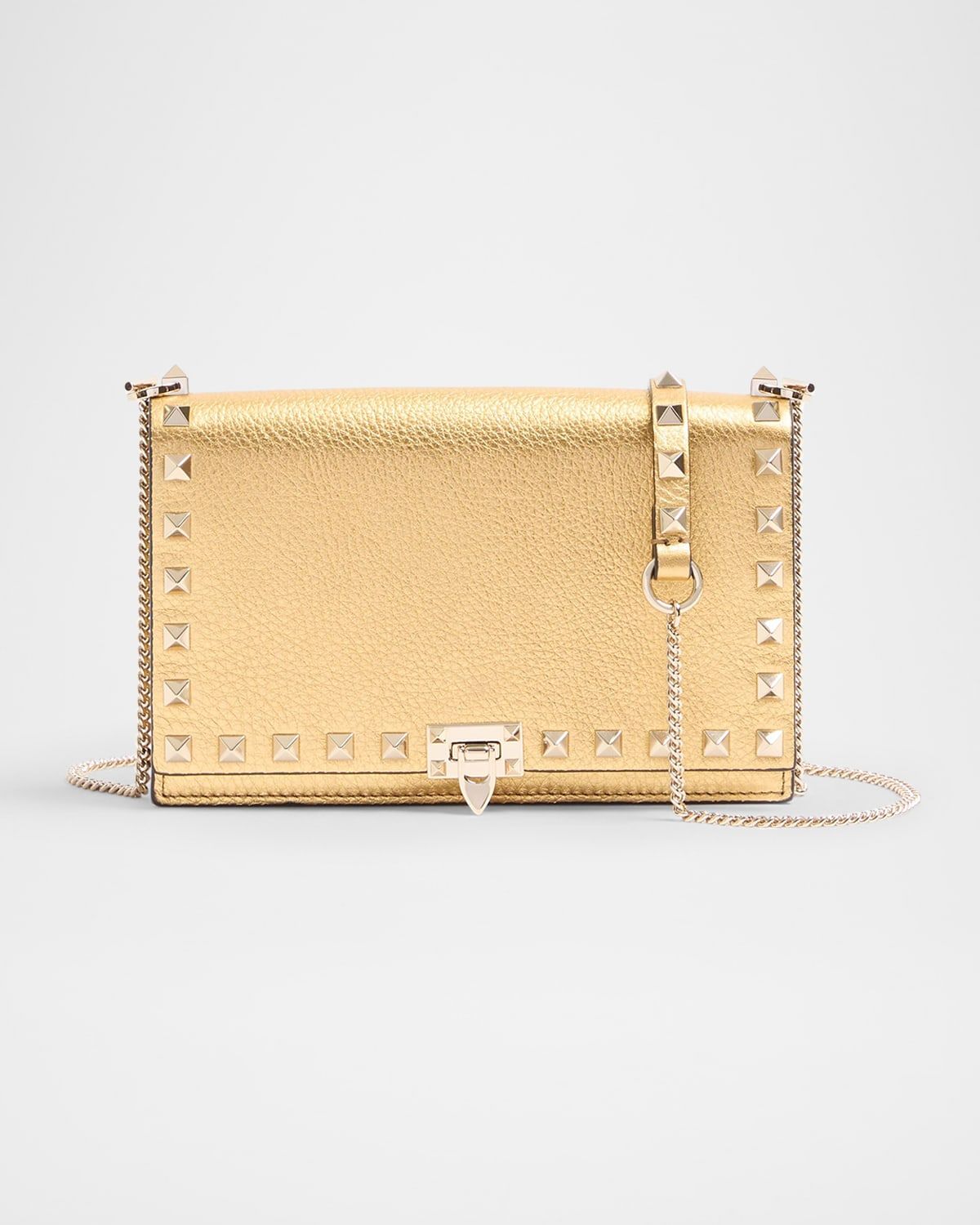 Mini Rockstud Metallic Leather Wallet on Chain