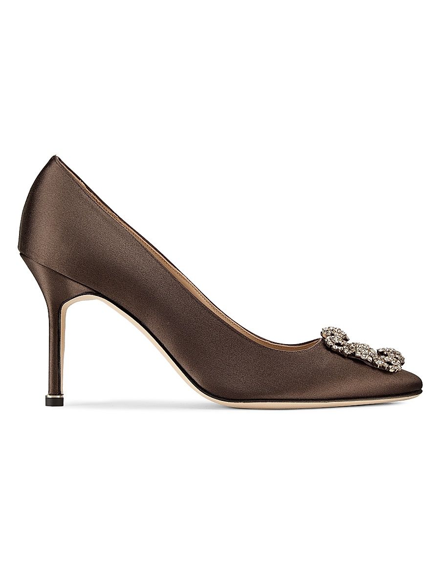 Women's Hangisi 90MM Crystal-Embellished Satin Pumps - Dark Brown - Size 6