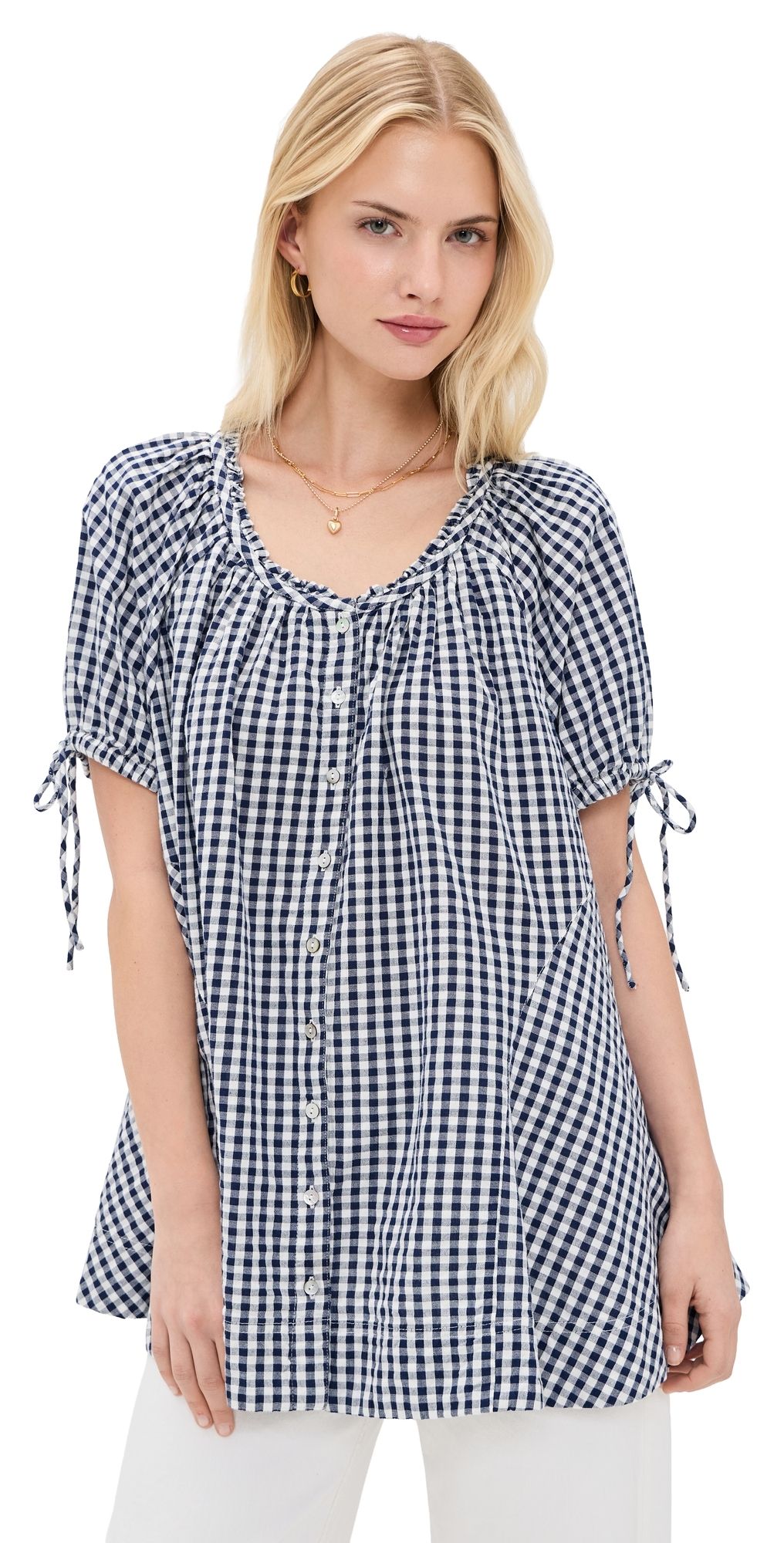 Free People Farley Gingham Tunic Navy Combo XS
