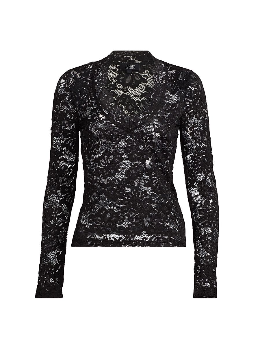 Women's Stretch-Lace Long-Sleeve Top - Black - Size Large