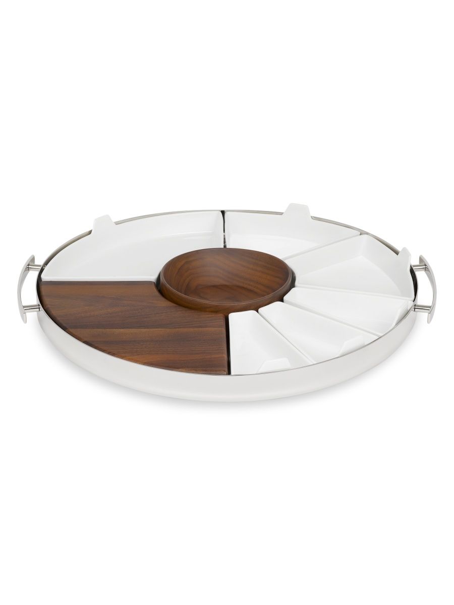 Christofle Mood Stainless Steel, Walnut & Porcelain 10-Piece Party Tray