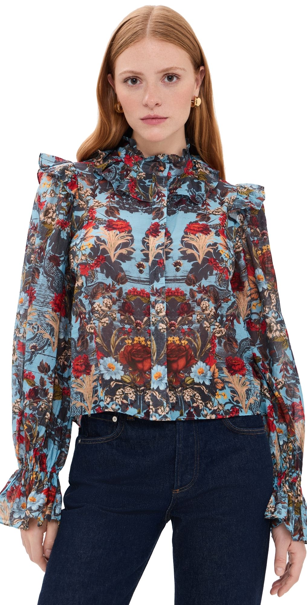 ALICE + OLIVIA Bernice Victorian Ruffle Blouse Heartstrings Mineral Blue XL