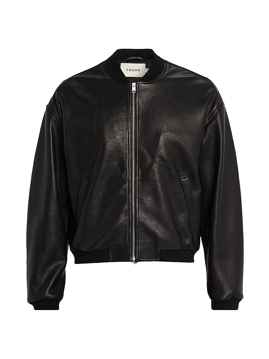 Men's Zip-Front Leather Bomber Jacket - Black - Size XL