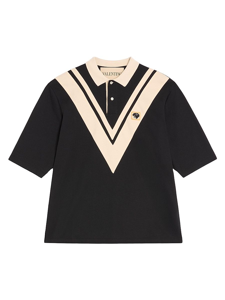 Men's Cotton Polo with Inlaid V and Embroidered Panther Patch - Black Butter - Size XL