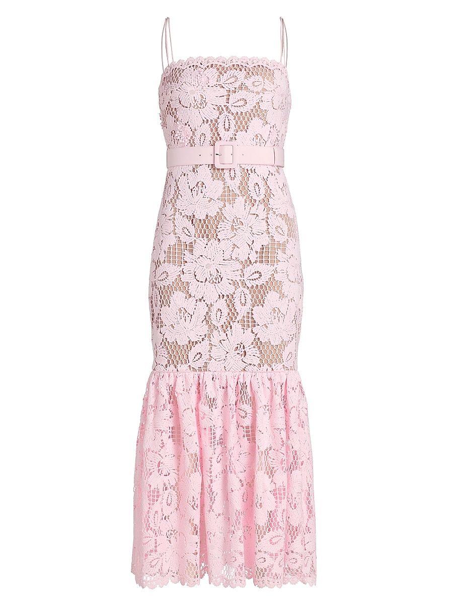 Women's Tie-Waist Lace Midi-Dress - Pink - Size 0